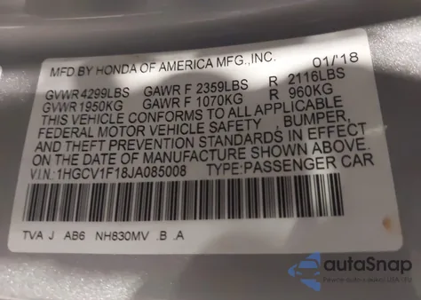 2018 Honda Accord Lx из США, поврежденный, VIN 1HGCV1F18JA085008